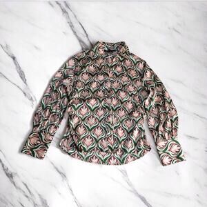 Zara Shirt Womens Size M Satin Abstract Style Print Long Sleeve Button Up V Neck